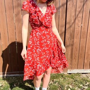 FLORAL RED WRAP AROUND DRESS!!!